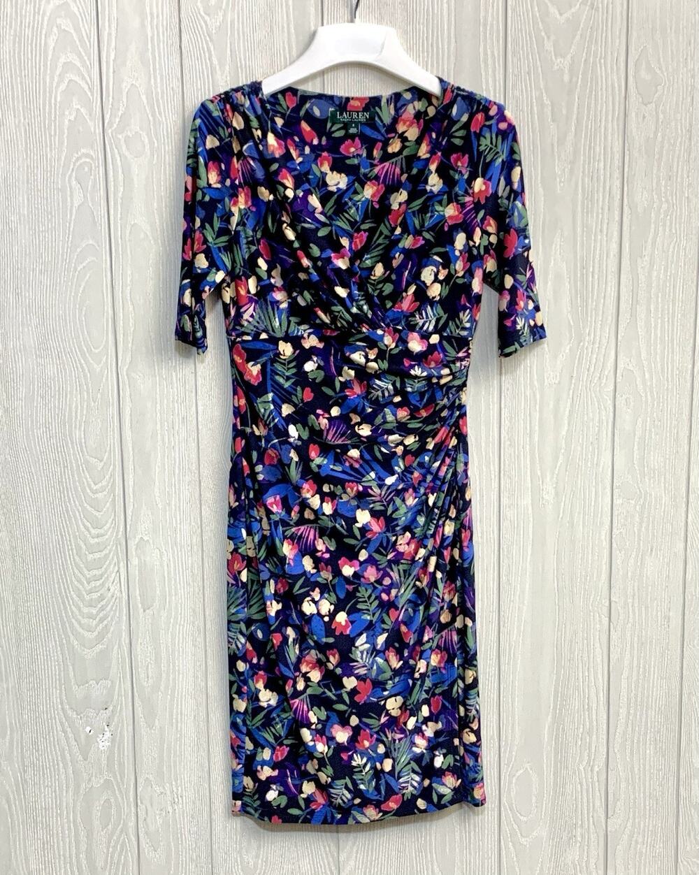Lauren Ralph Lauren Blue Floral Faux Wrap 3/4 Sleeve Dress Size 2